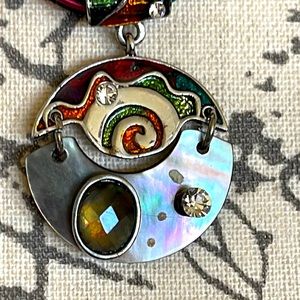 Artistic pendant with semi precious peridot 18” multi strand multi colored cords